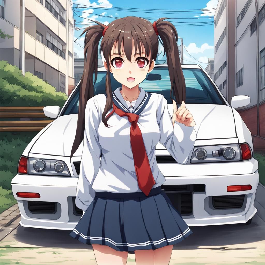 Anime Girl with Nissan Skyline in Japanese Manga Style