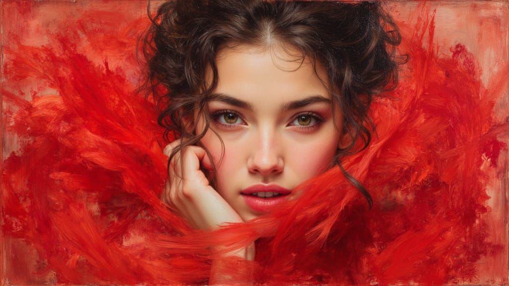 Elegant Scarlet Princess in Dry Brush Oil Style