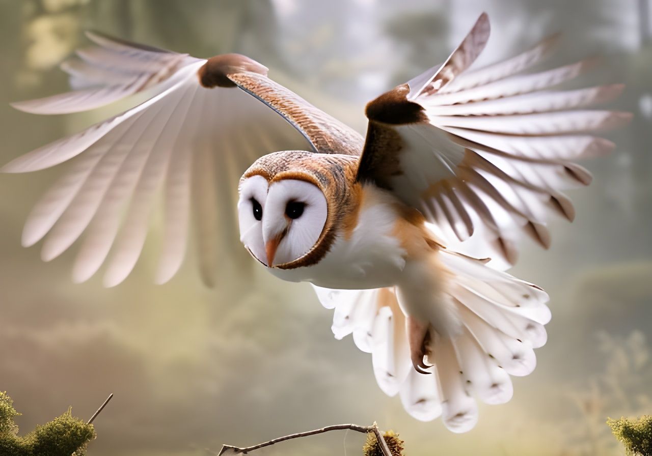 Cute Barn Owl Flying in Lush Forest
