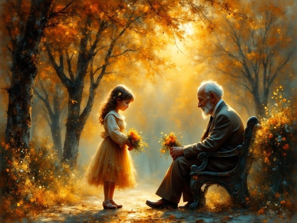 Child Gifts Flower to Old Man in Ethereal Park Scene