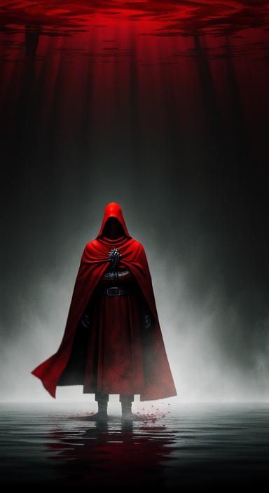 Ethereal Red Figure in Surreal Dark Scene