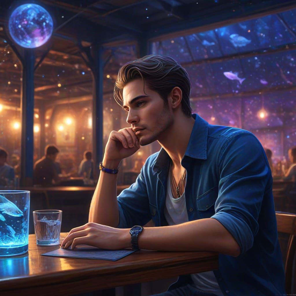 Handsome Man in Cosmic Cafe Pub Discotheque