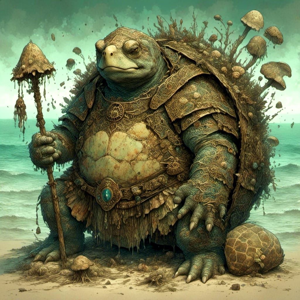 Tortle Druid with Fungal Shell on Moonlit Beach