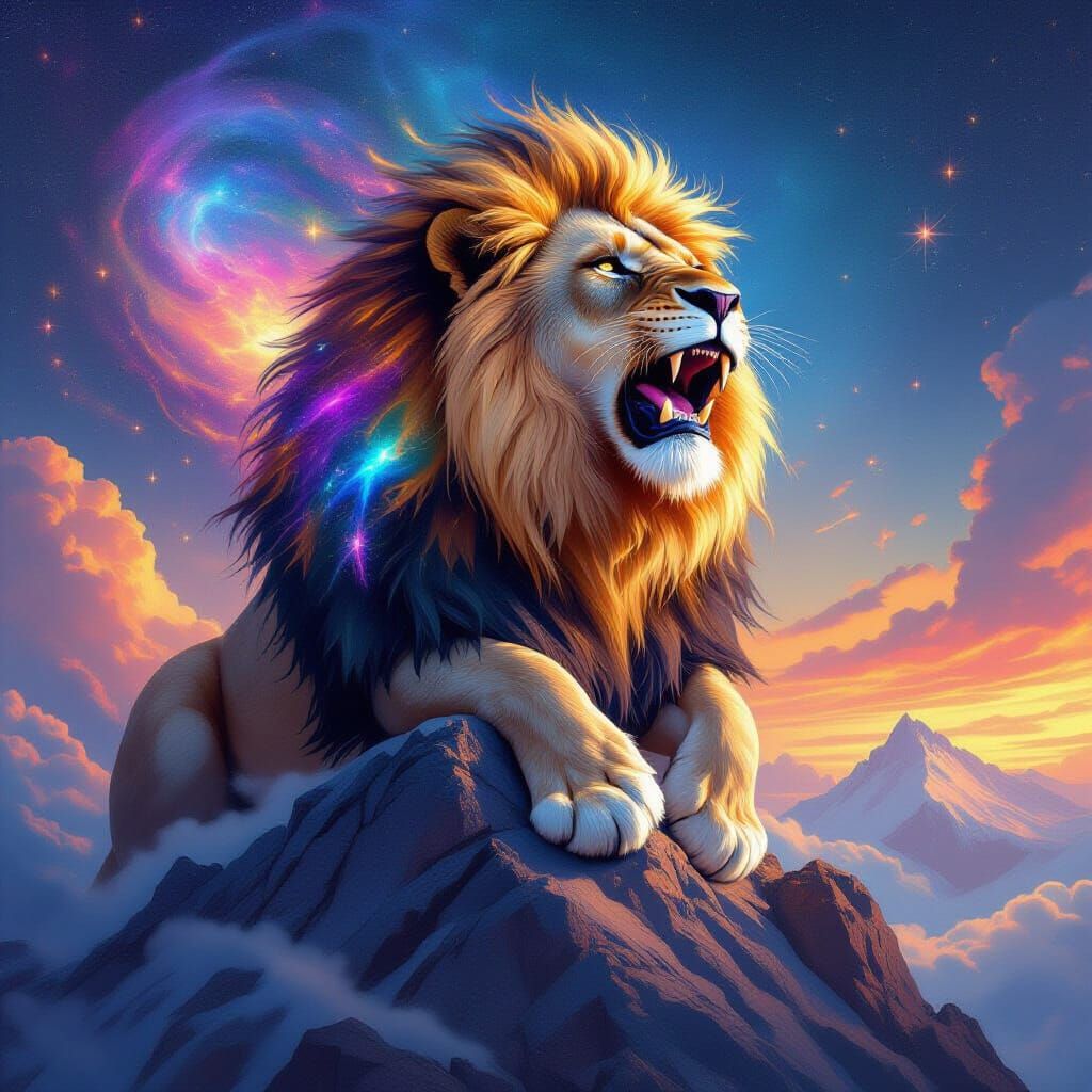 Galactic Lion Roaring on Celestial Mountain: Digital Art
