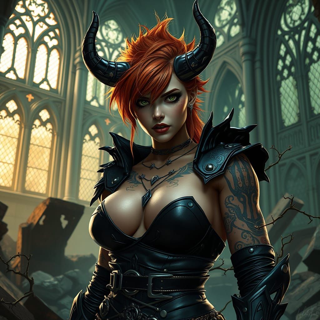 Demonic Woman in Gothic Ruins, Dark Fantasy Art