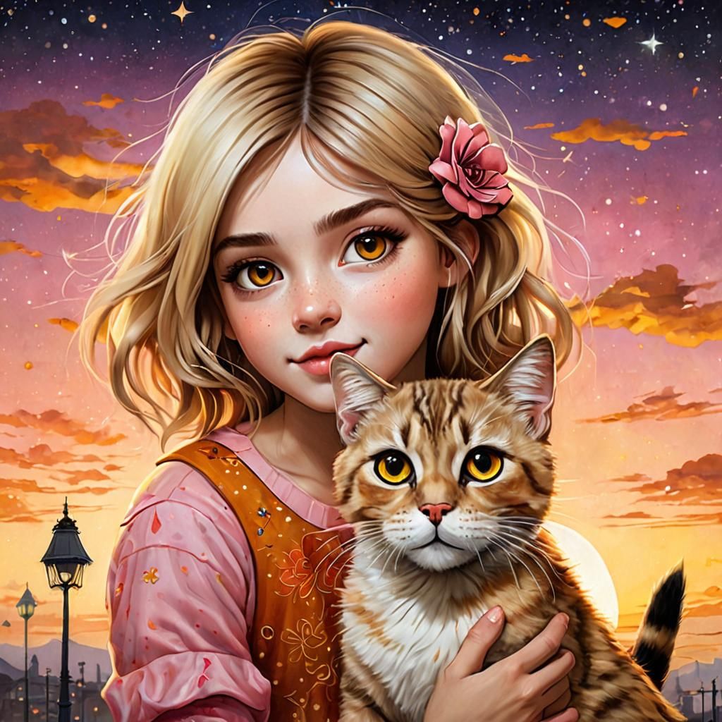 Girl Hugging Cat at Sunset: Hyperrealistic Portrait