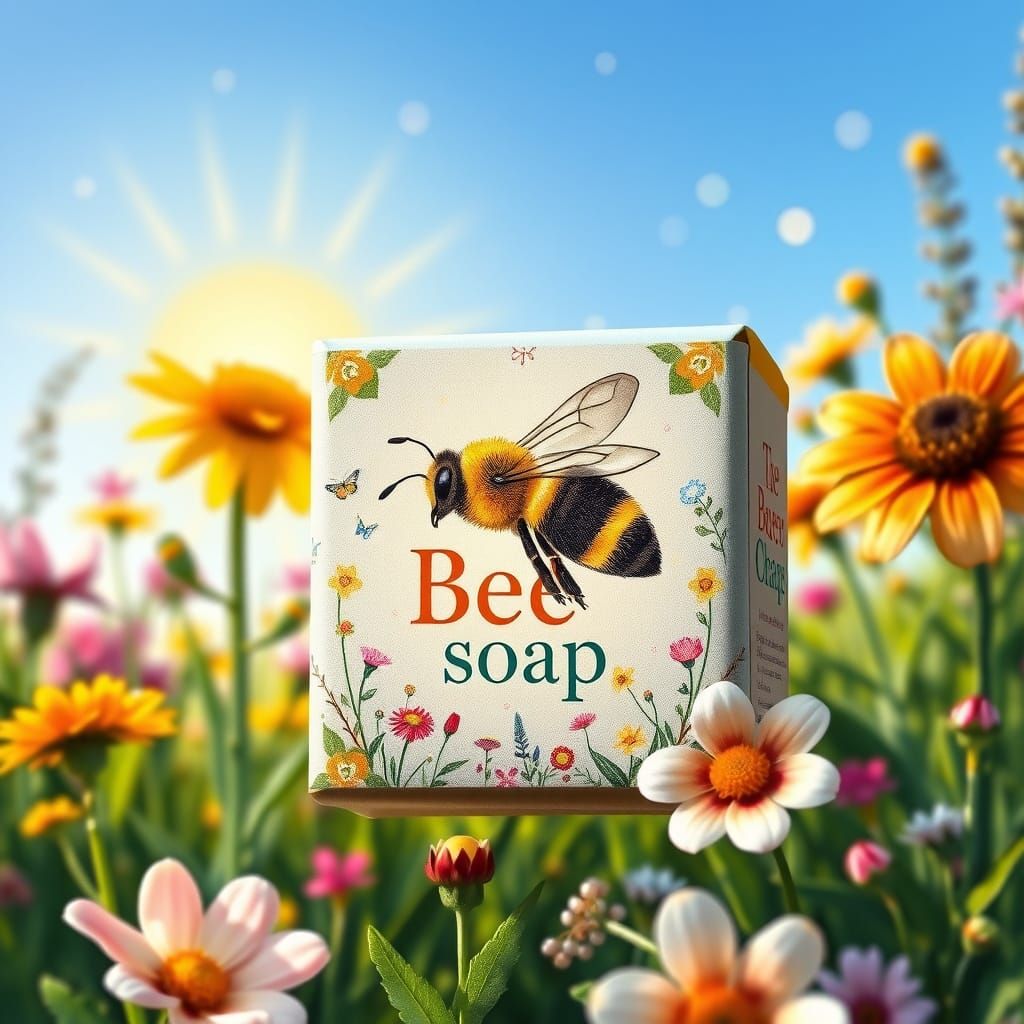 Whimsical Floral Bee Soap Label in Vibrant Colors