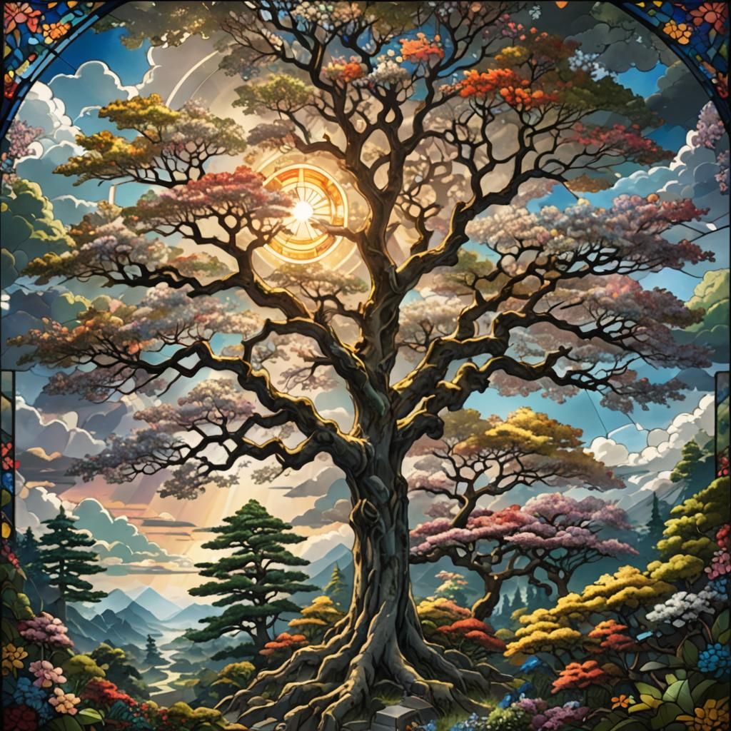 Japanese Stained Glass Tree and Flowers Art