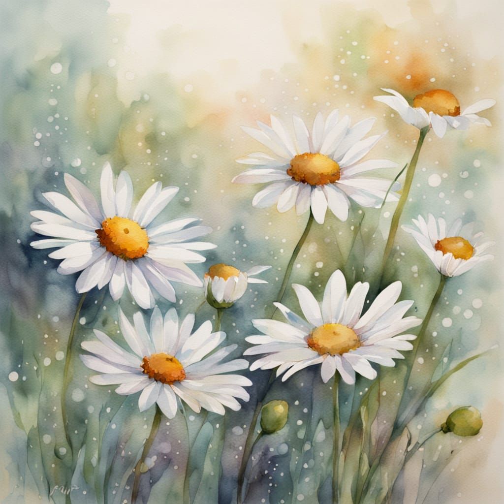 Ethereal Watercolor Daisies with Dewdrops