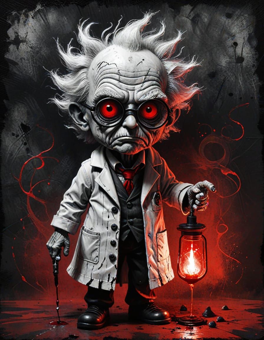 Chibi Mad Scientist in Charcoal and Gouache Style