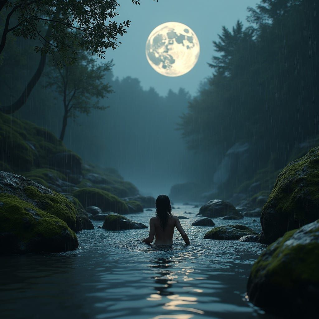 Surreal Nighttime River Scene with Futuristic Skyline