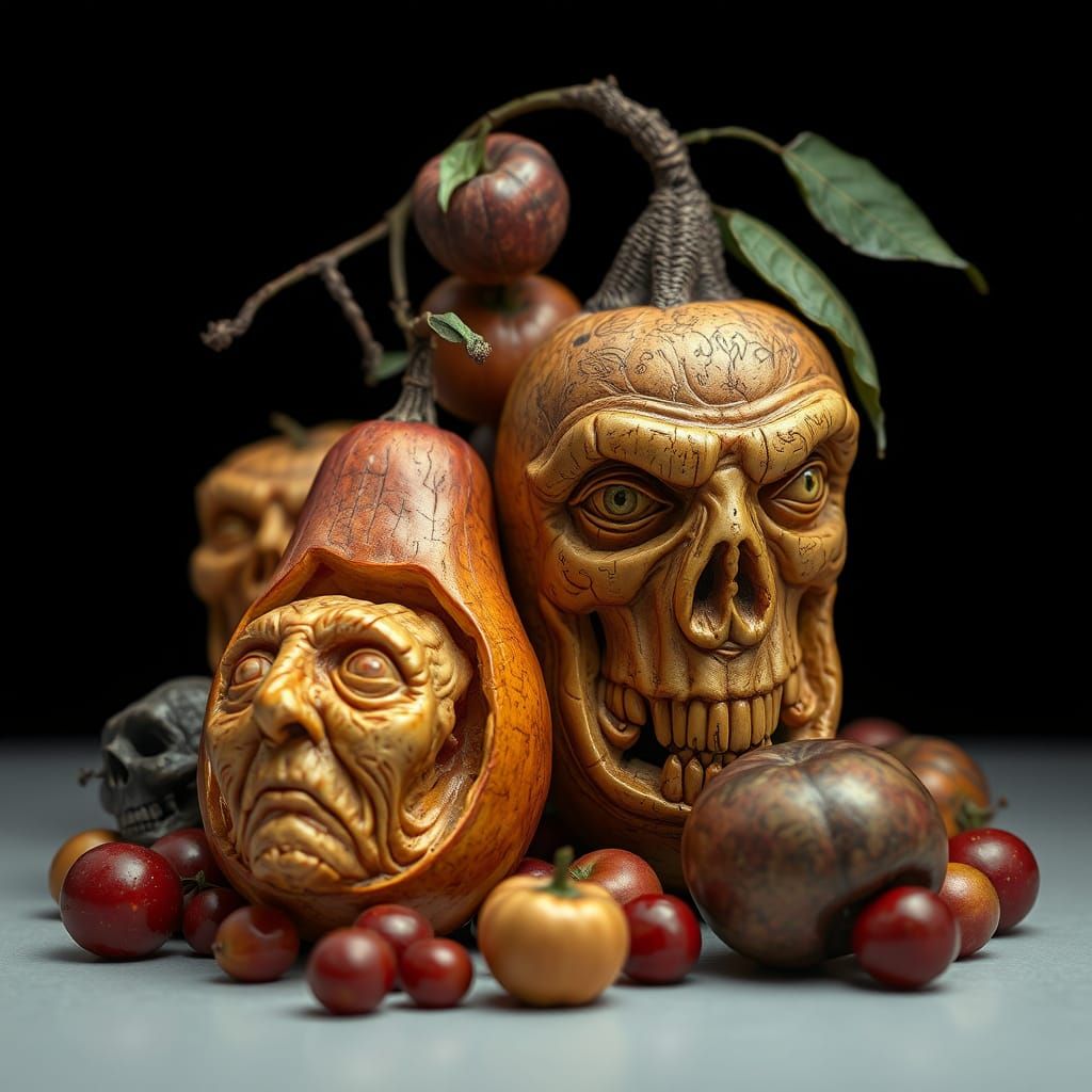 Ethereal Fruits with Ancient Faces in Hyper-Surrealistic Sty...