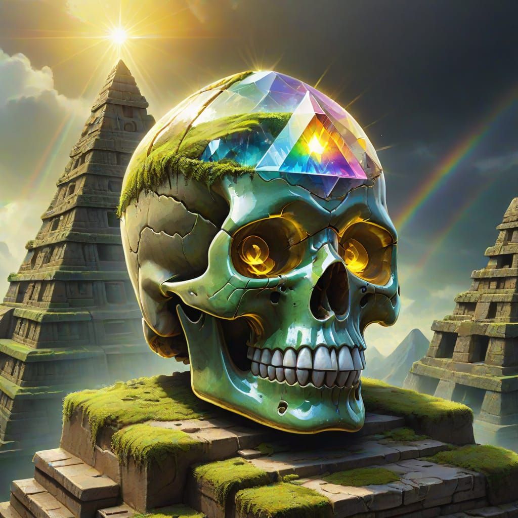 Crystal Skull on Mayan Pyramid in a Golden Aura