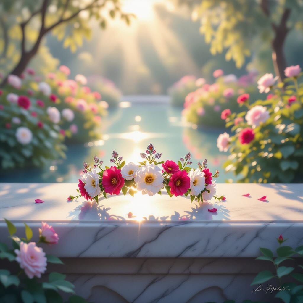 Royal Garden at Dawn with Blossom Crown on Marble Bench