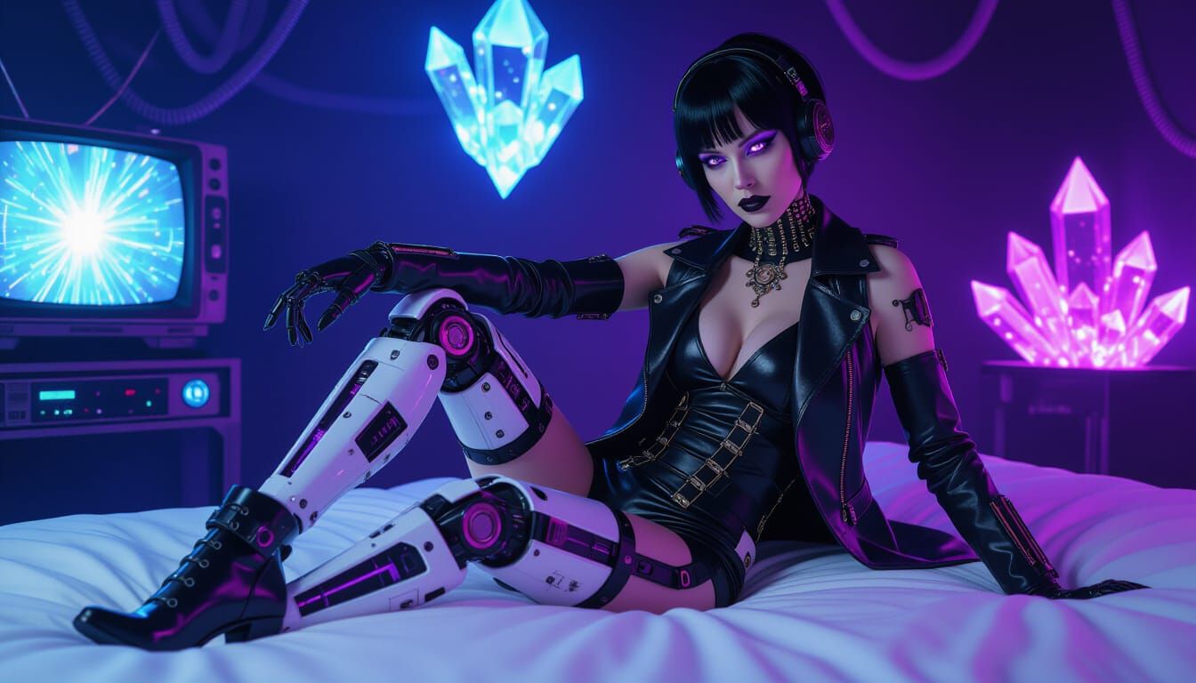 Biomechanical Woman in Cyberpunk Bedroom