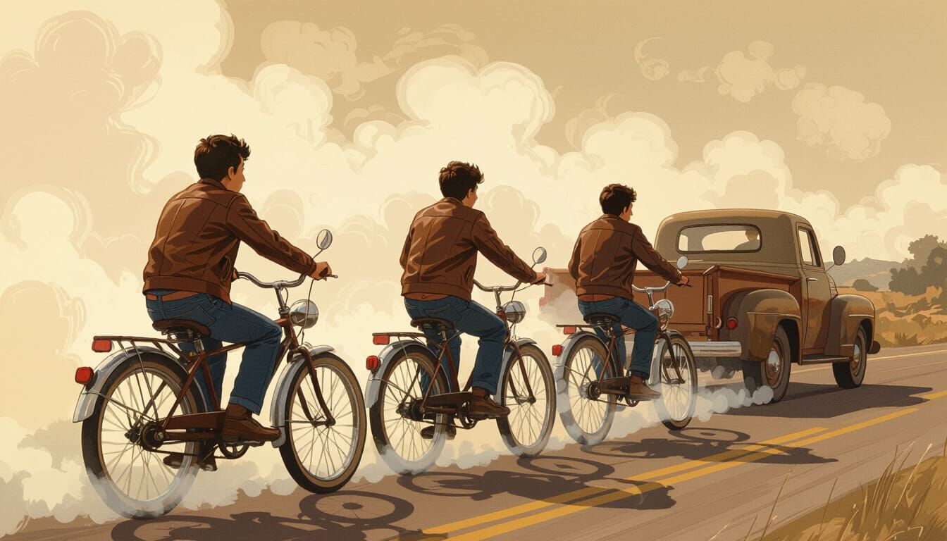 Boys Biking Behind Smoke Truck in Rockwell Style