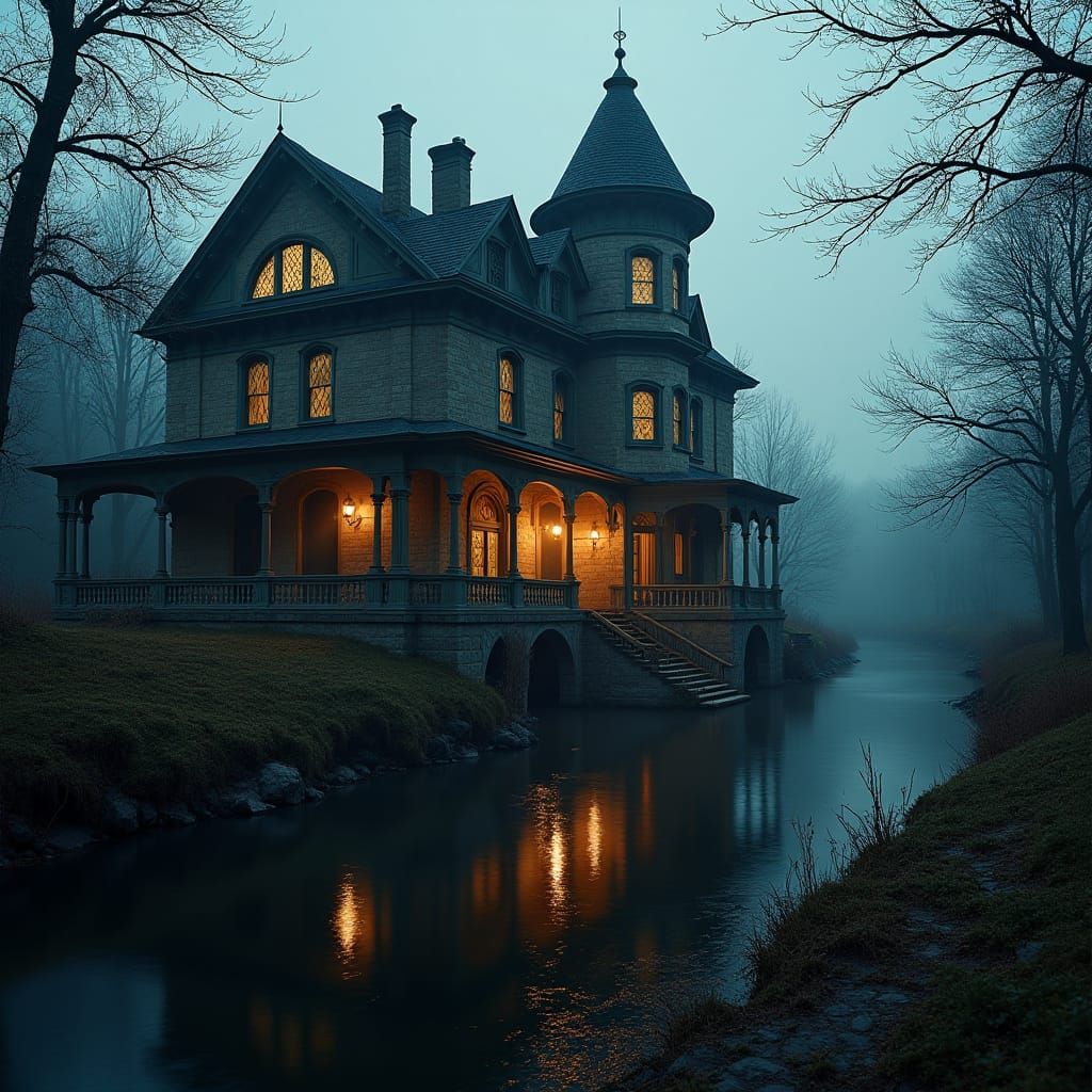 Abandoned Victorian Mansion Reflecting in River