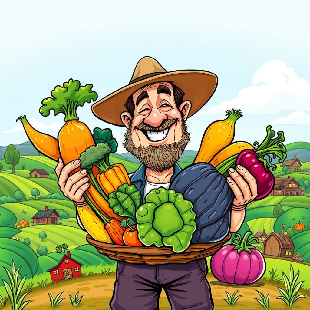 A whimsical caricature of a farmer proudly displaying a boun...