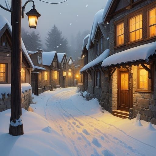 Cozy Fantasy Village Street in Gentle Snowfall