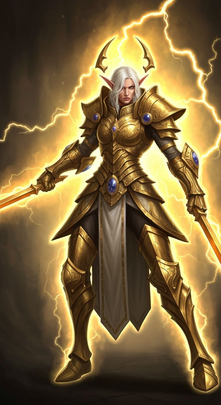 Half-Elf Paladin in Golden Armor with Lightning Aura