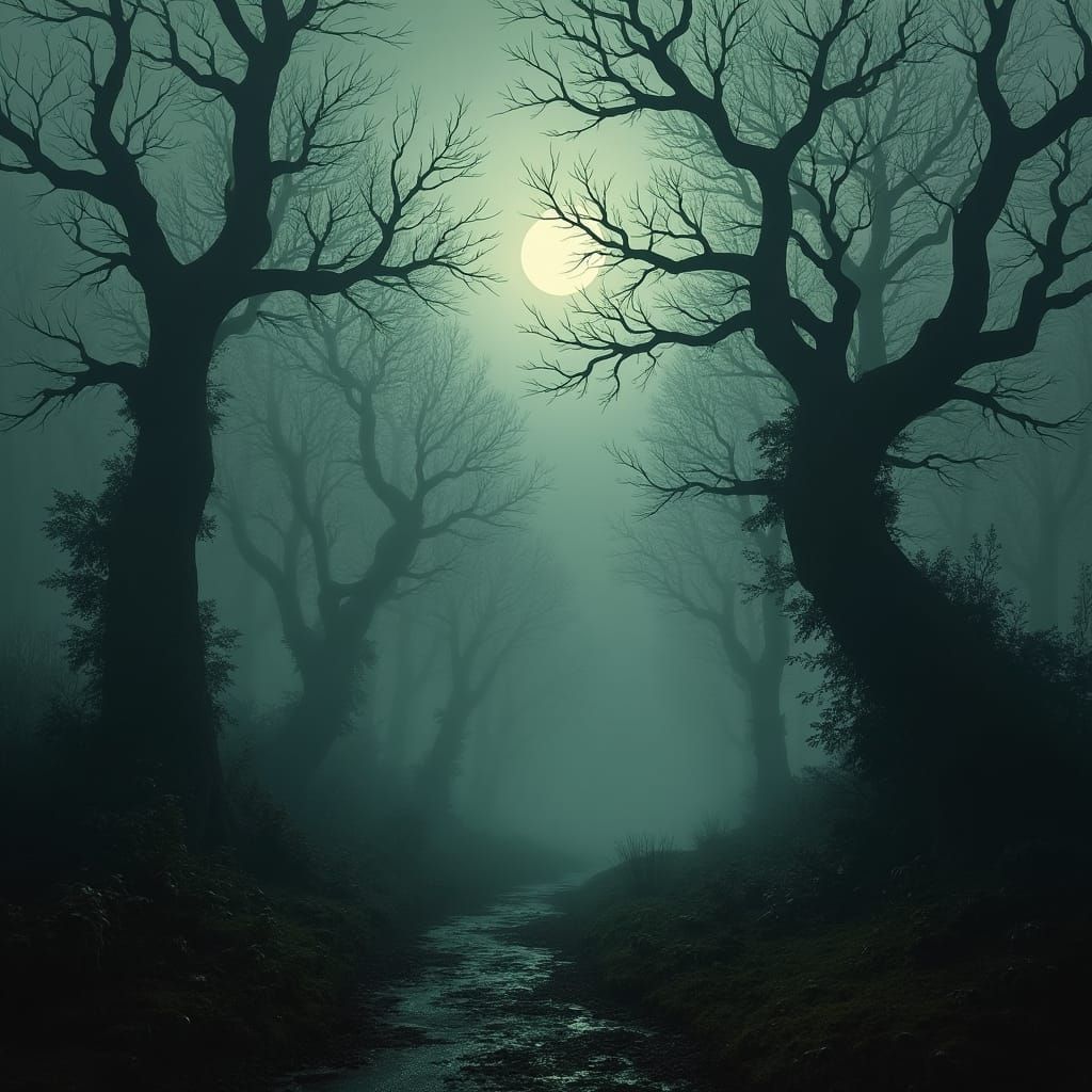 Eerie Forest in Dark Surrealist Style