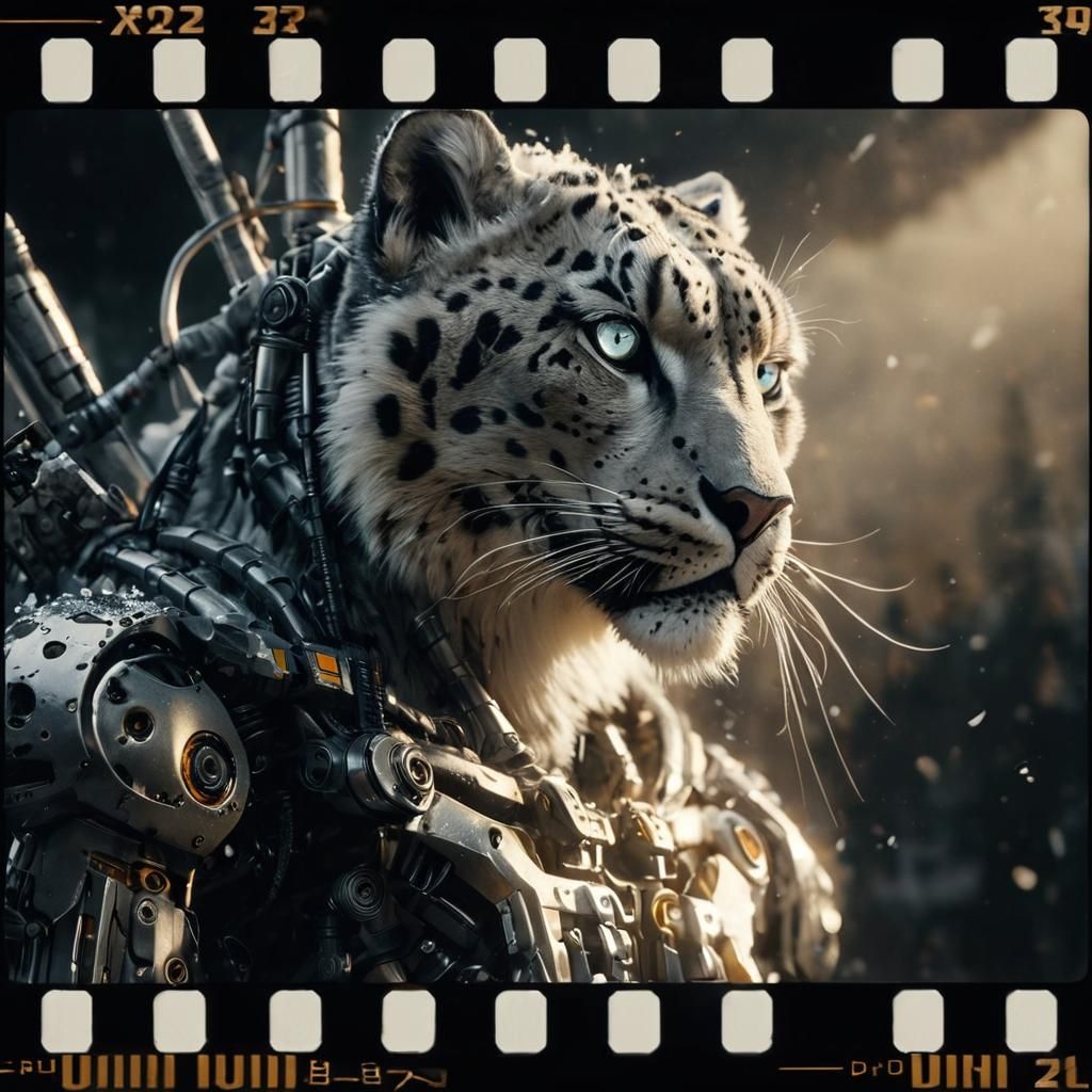 Robotic Snow Leopard Cyborg on Snowy Peak