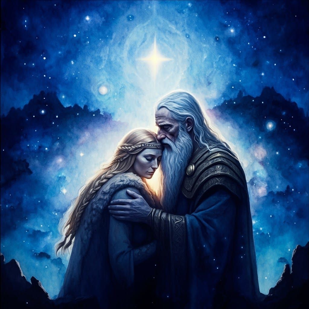 Odin and Frigga in Baroque Watercolor Cosmos