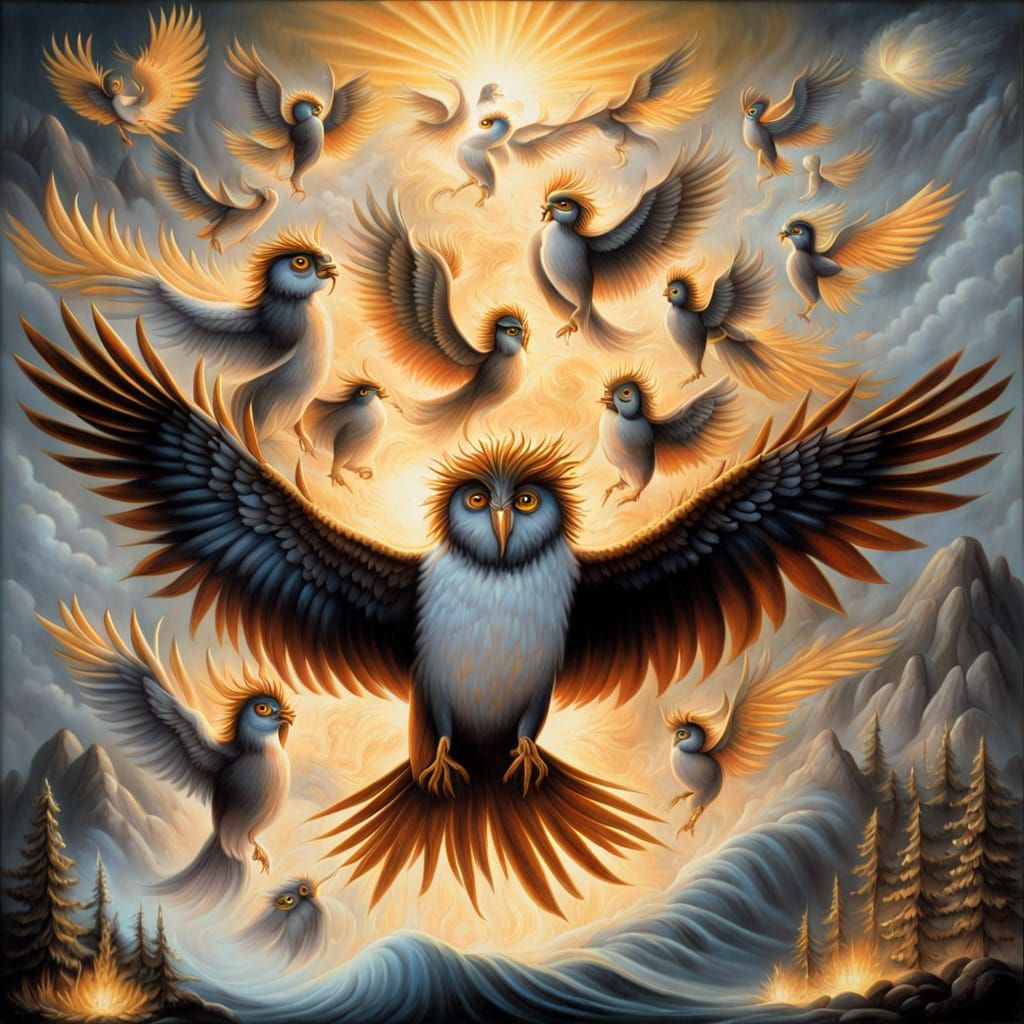 Epic Oil Painting of Supernatural Beings with Golden Eyes