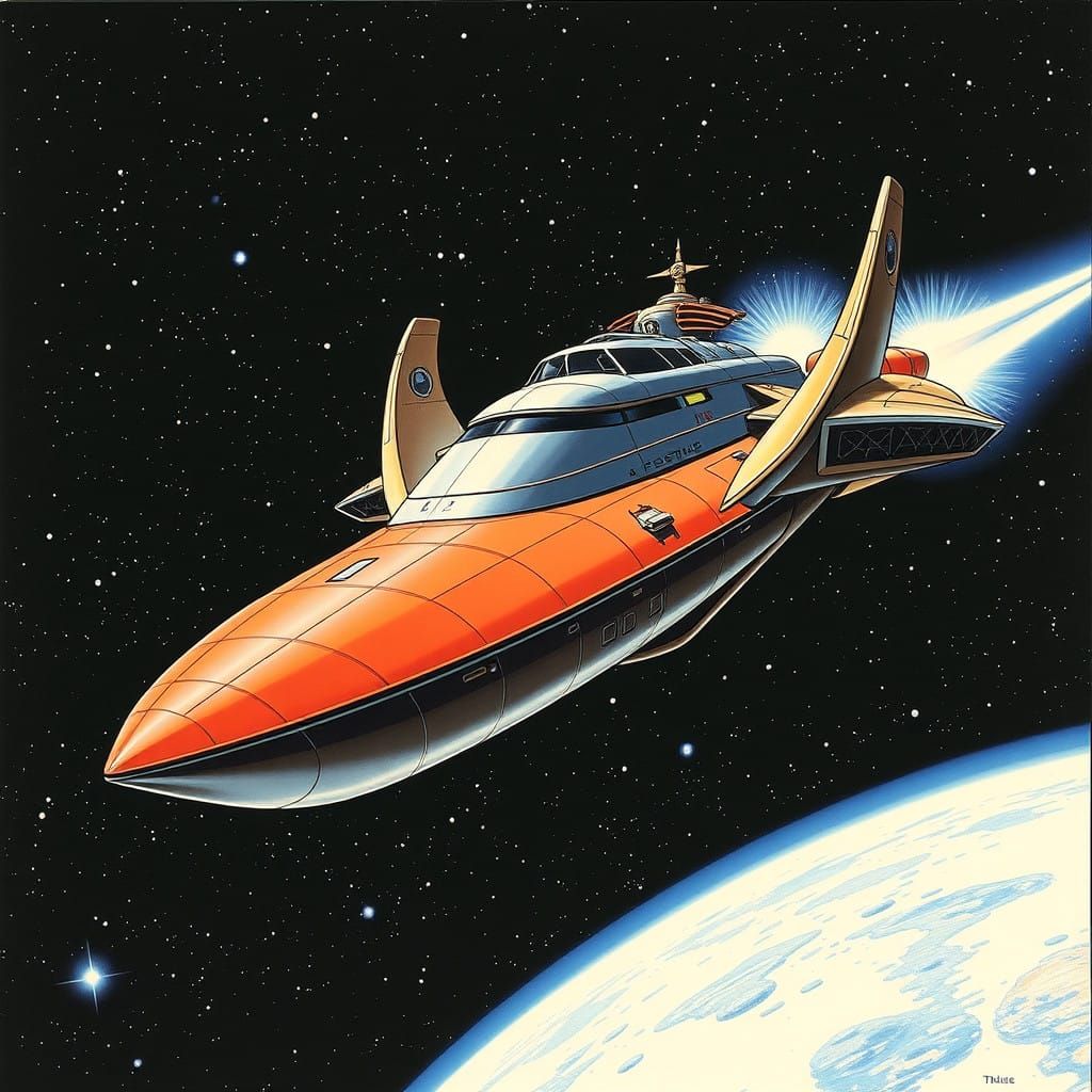 Retro-Futuristic Space Exploration Vessel in Classic Anime S...
