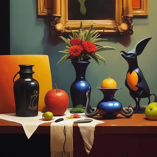 Still Life of Fantastic Creatures in Cubist Style