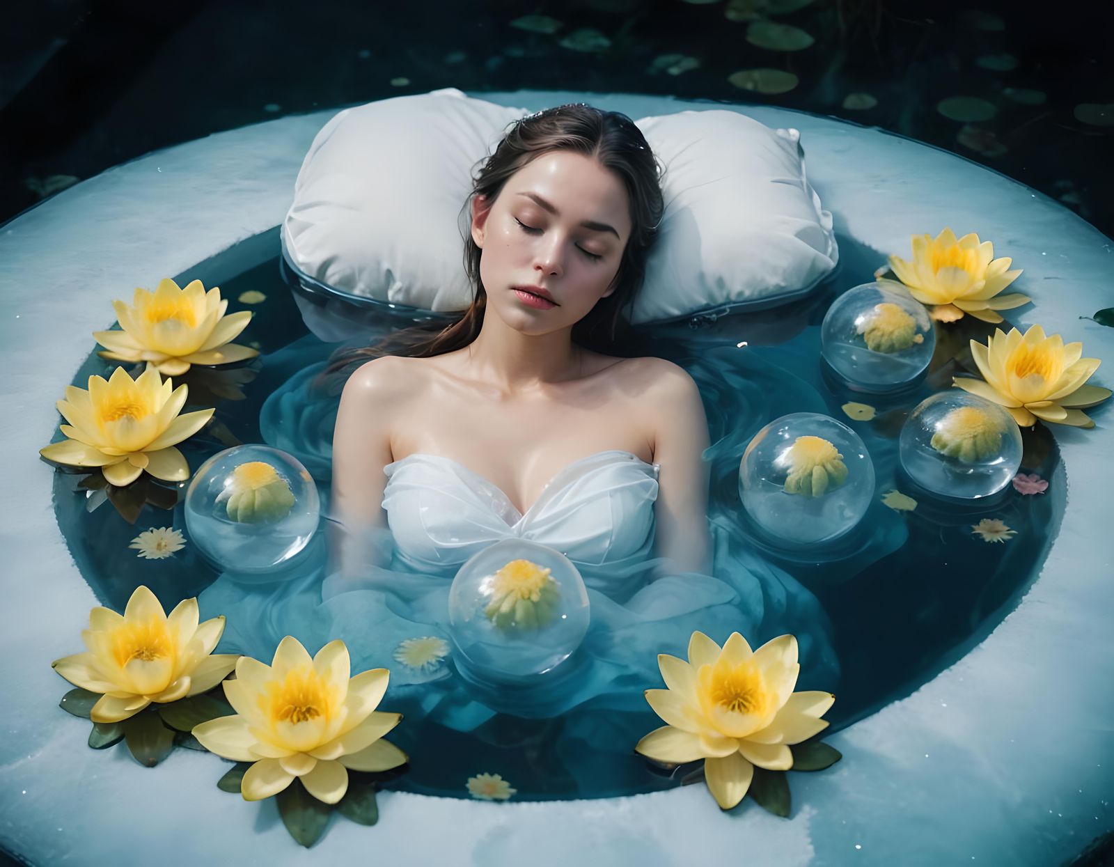 Woman Asleep Among Frozen Orbs in Hyperrealistic Style