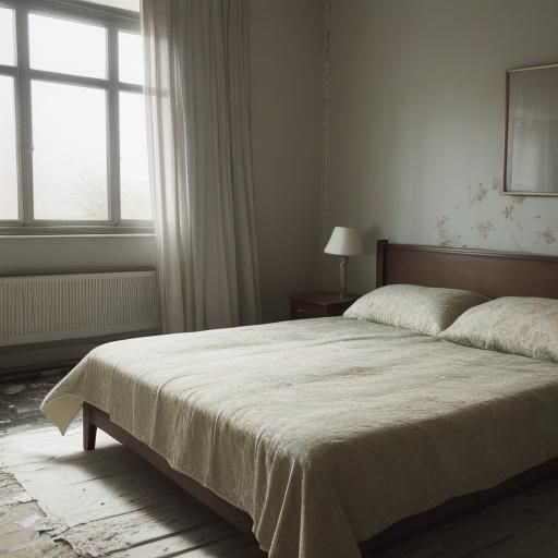 Dreamy Oil Painting of Floating Bed in Abandoned Room