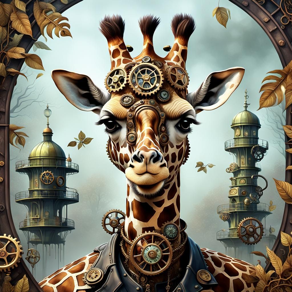 Steampunk Giraffe Roams Mystical Forest in Gears and Brass