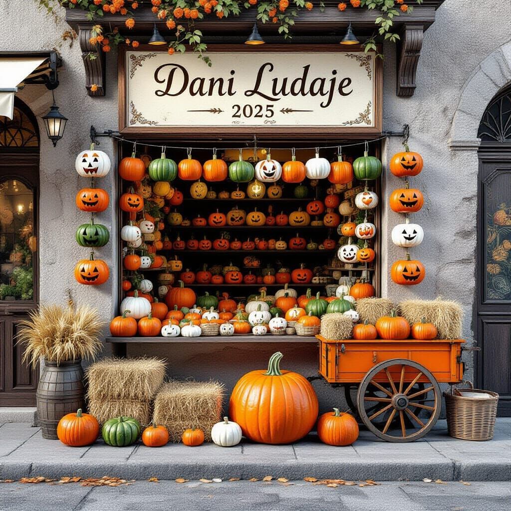 Pumpkin Stall on Concrete Street in Fantasy Art Style