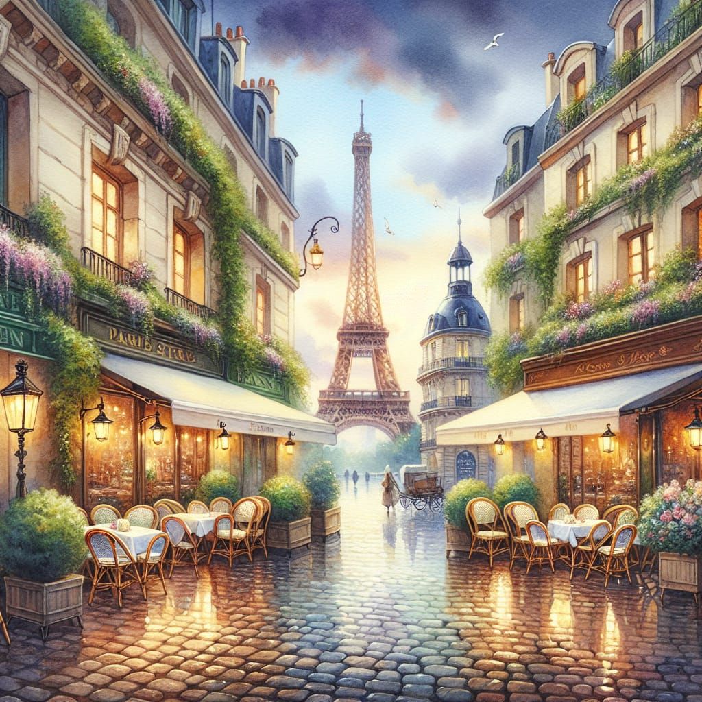 Classic Parisian Street Scene in Romantic Watercolor Style