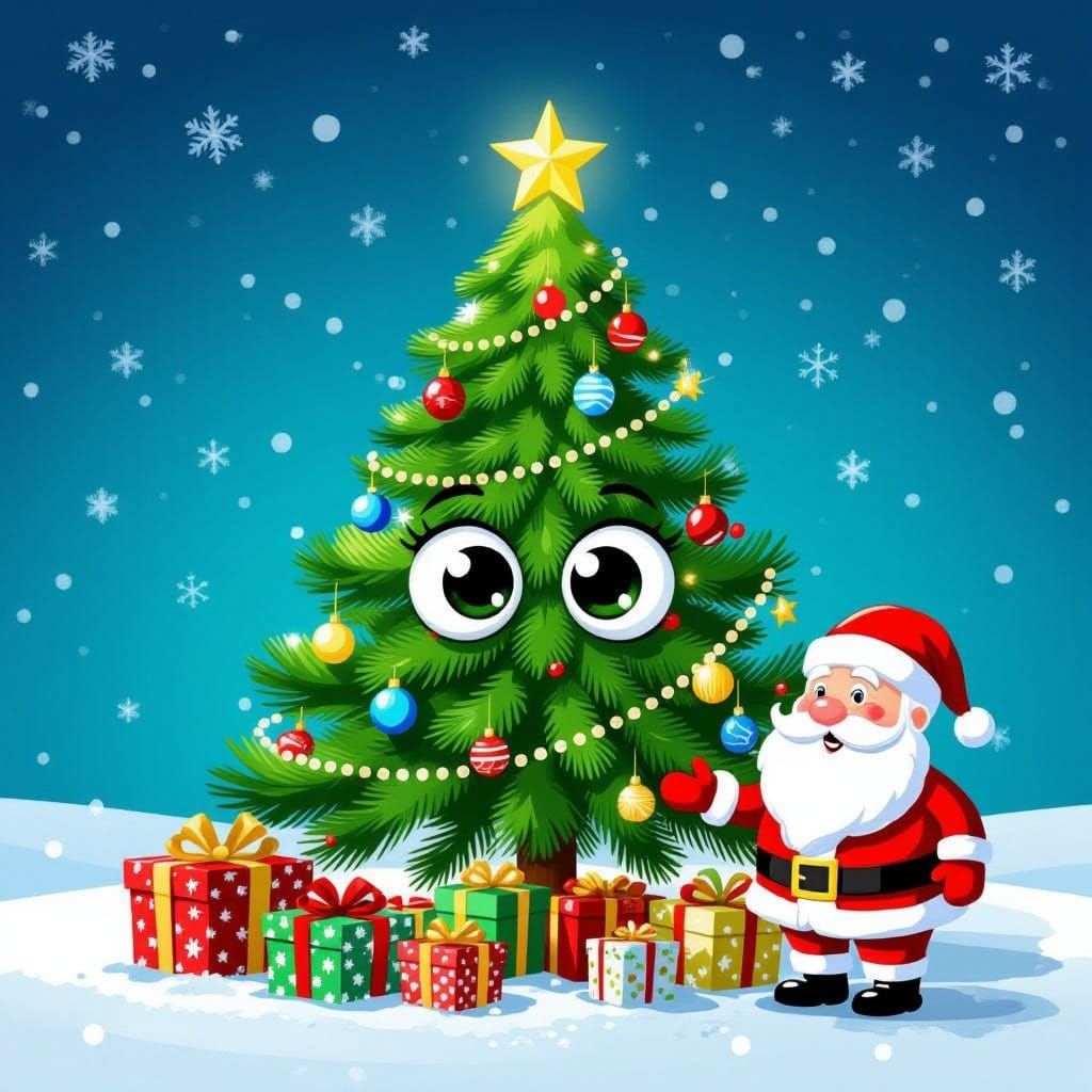 Cute Christmas Tree with Santa and Presents