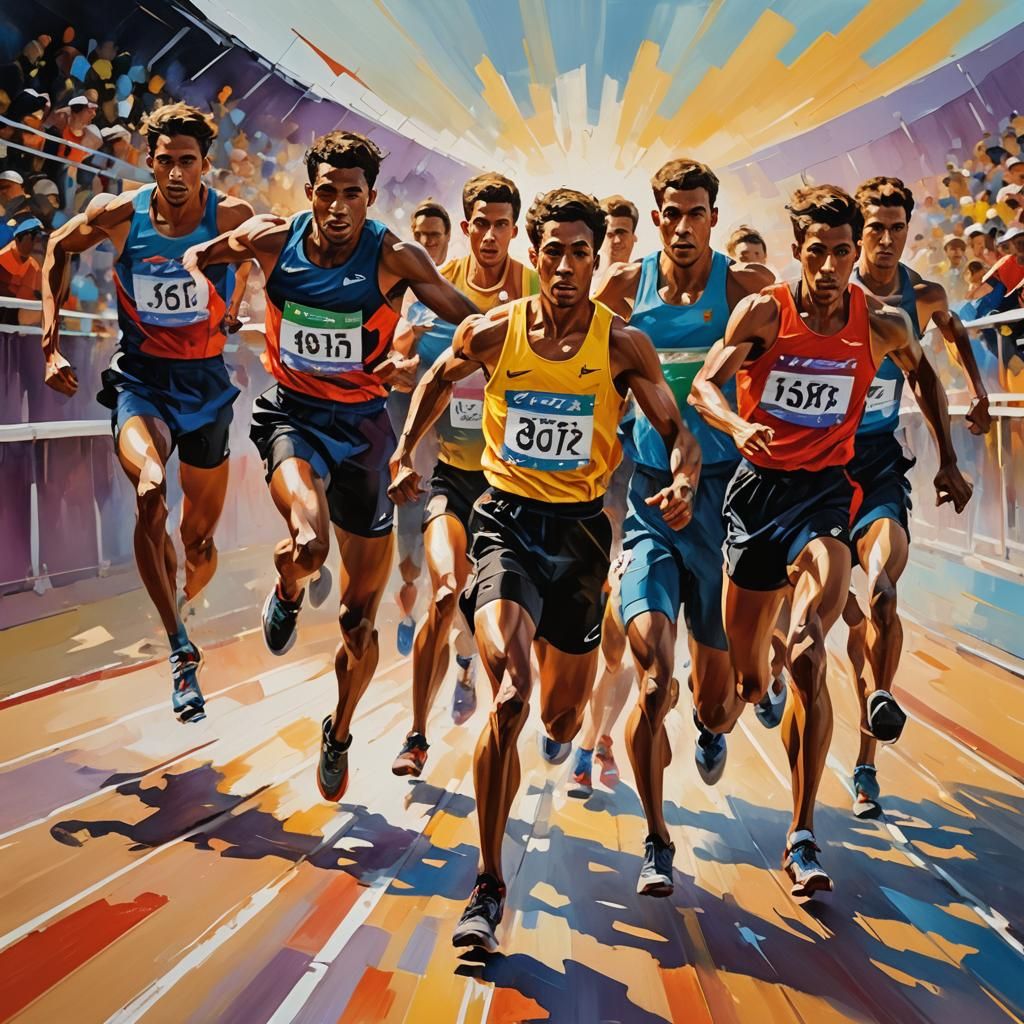Inspirational Oil Painting of Athletes Competing Together
