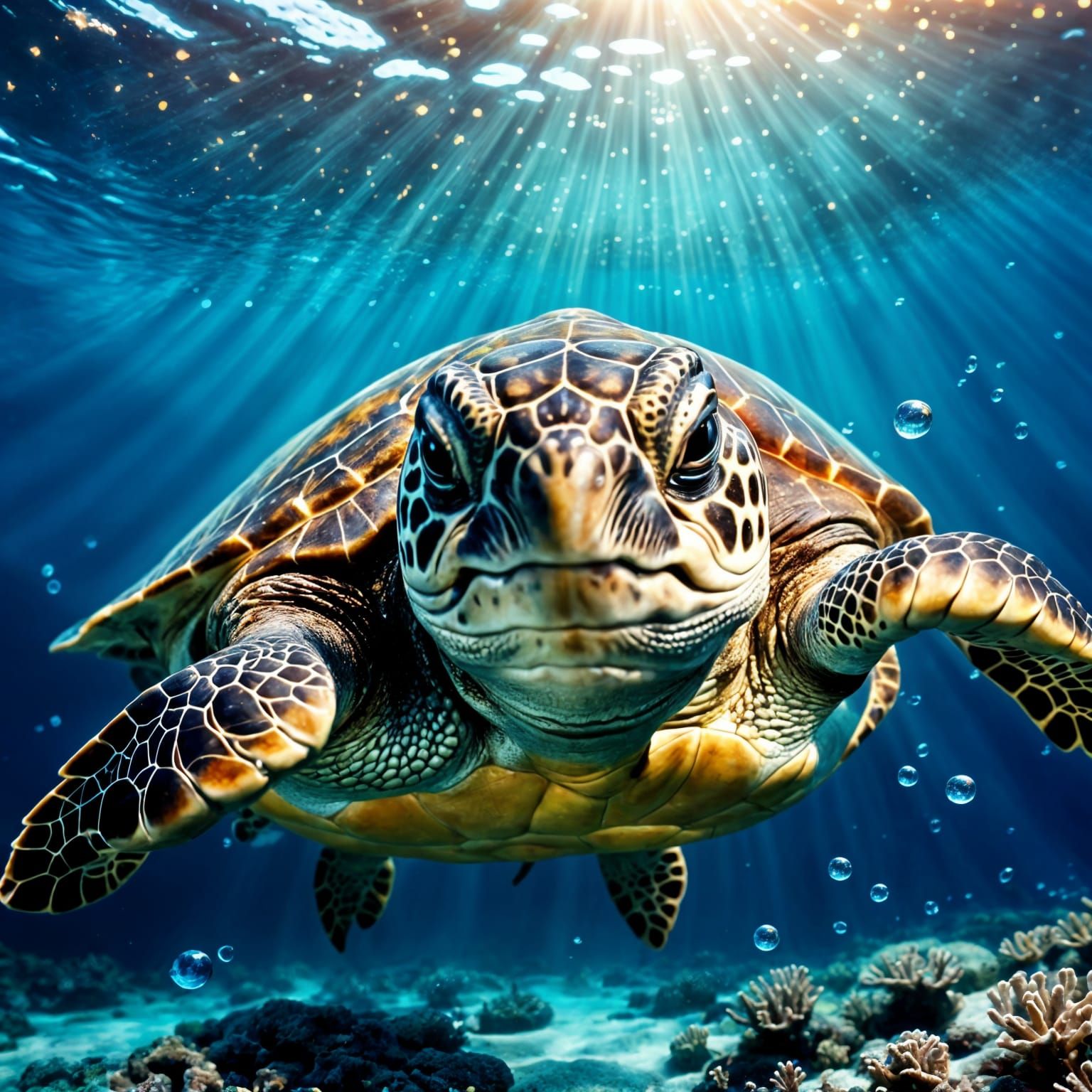 Sea Turtle Swimming in Sparkling Blue Ocean