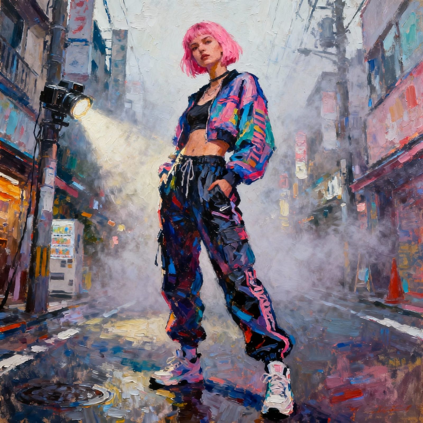 90s Hip Hop Fashion: Pink Haired Woman in Foggy Tokyo