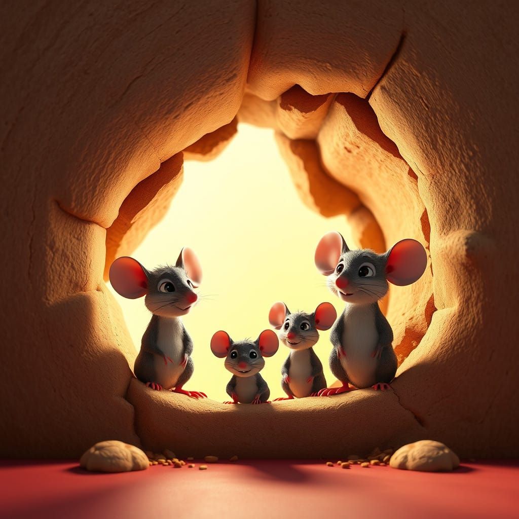 Whimsical Family of Mice in a Vibrant, Cinematic Hole