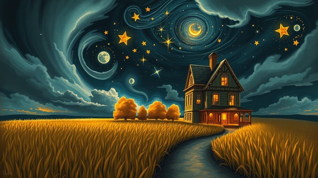 Whimsical House Under Starry Night Sky