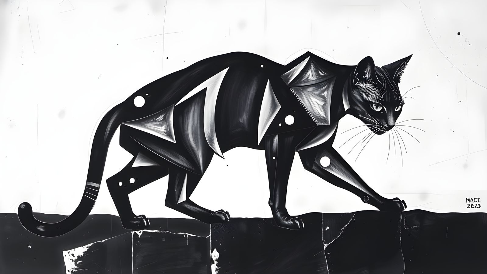 Cubist Cat Portrait in Black on White Canvas