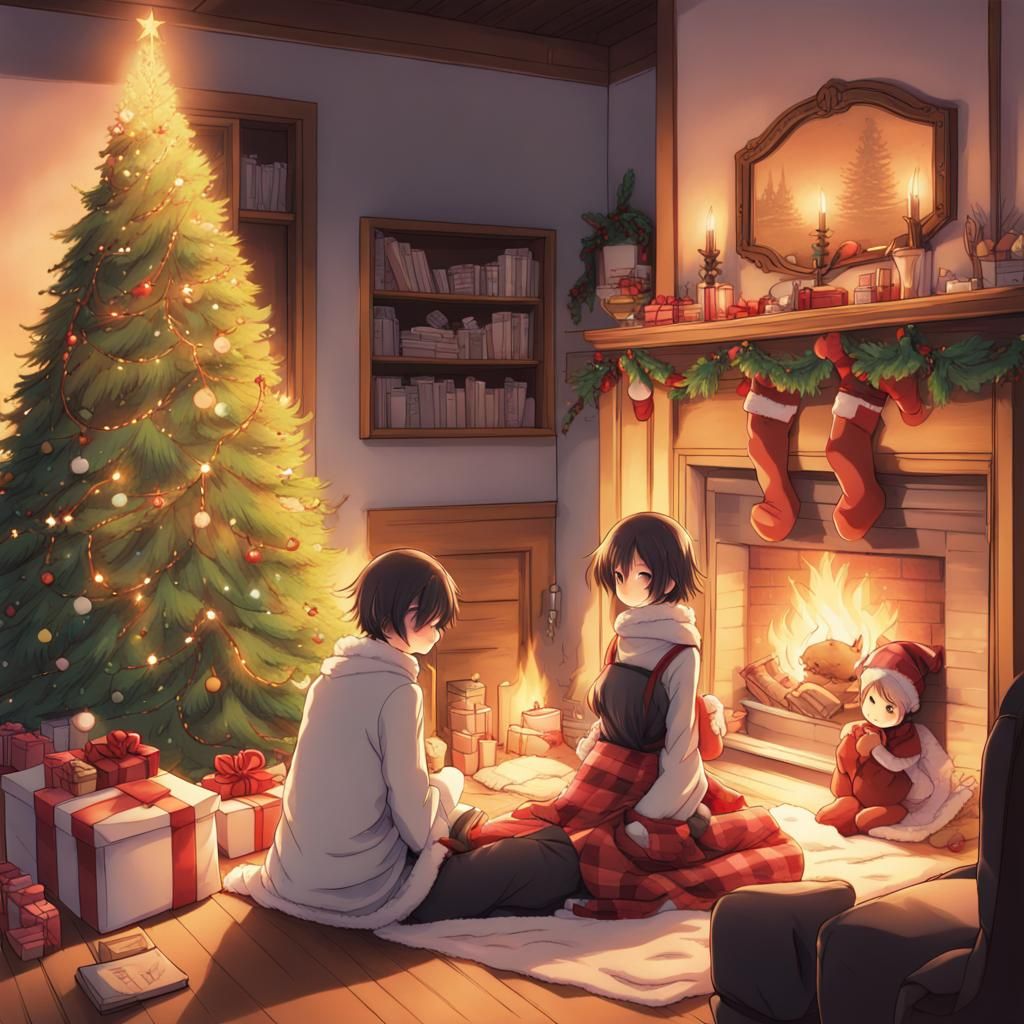 Cozy Christmas Scene in Anime Style