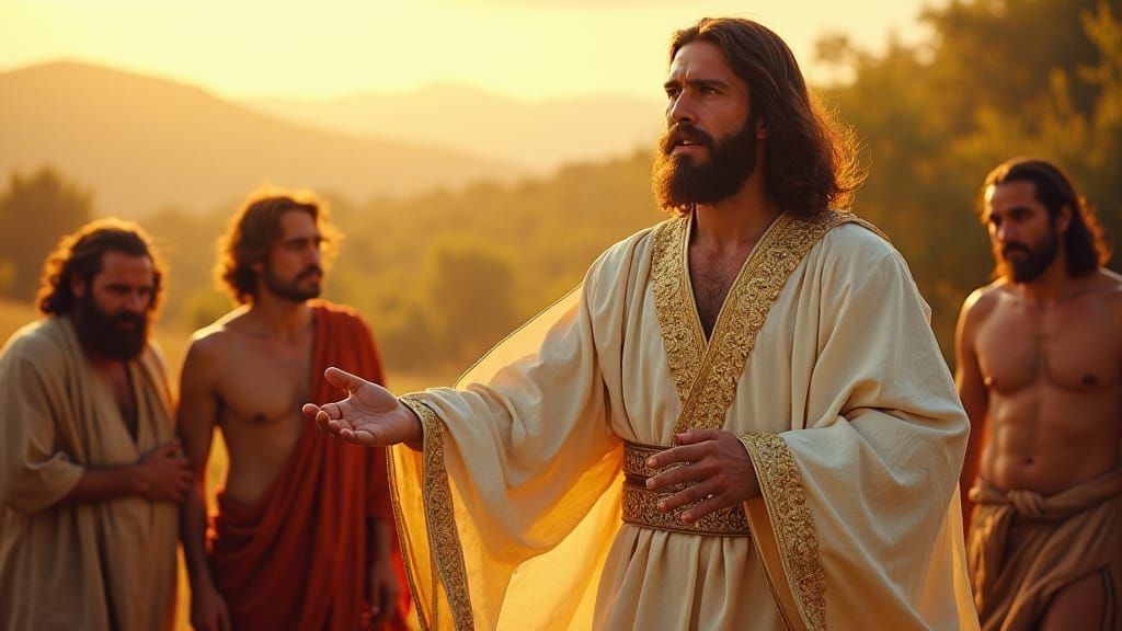 Jesus Assists People in Sun-Drenched Landscape