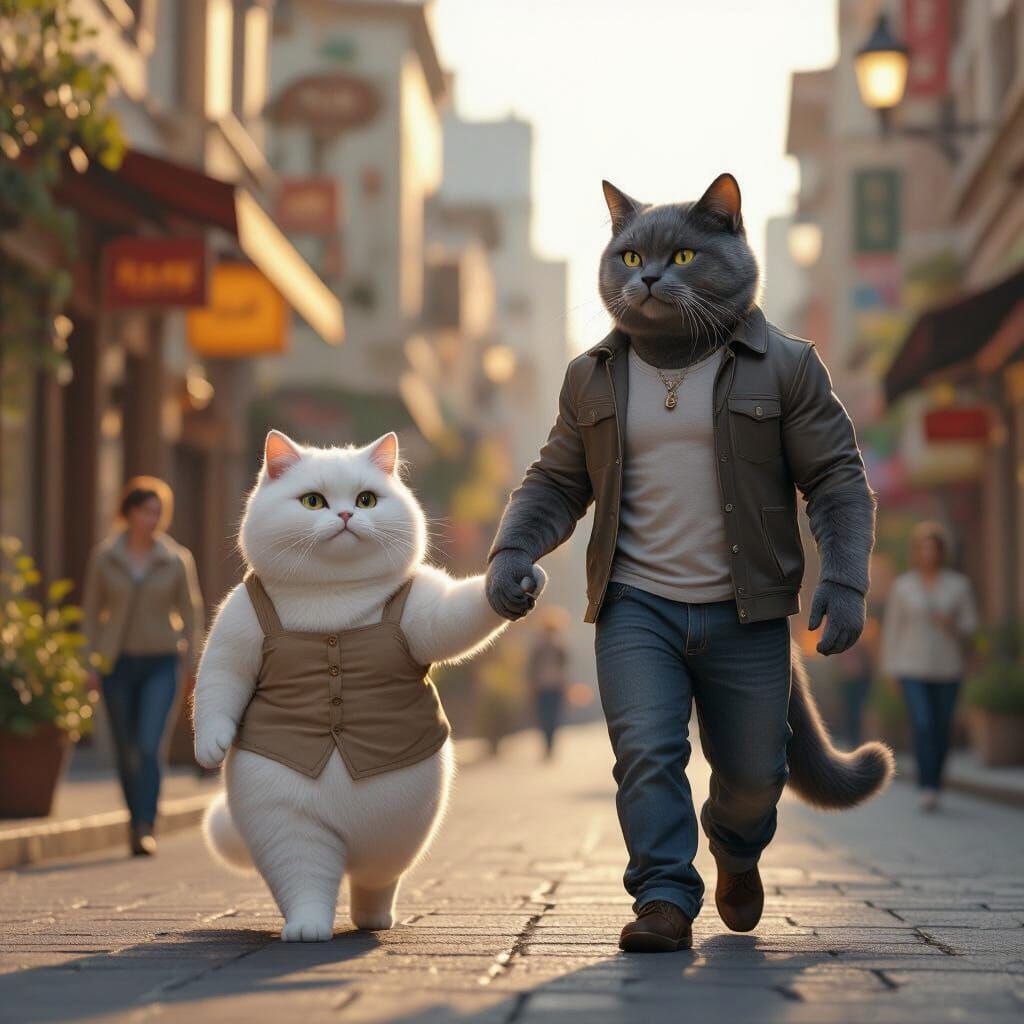 City Street Scene with Cats at Golden Hour