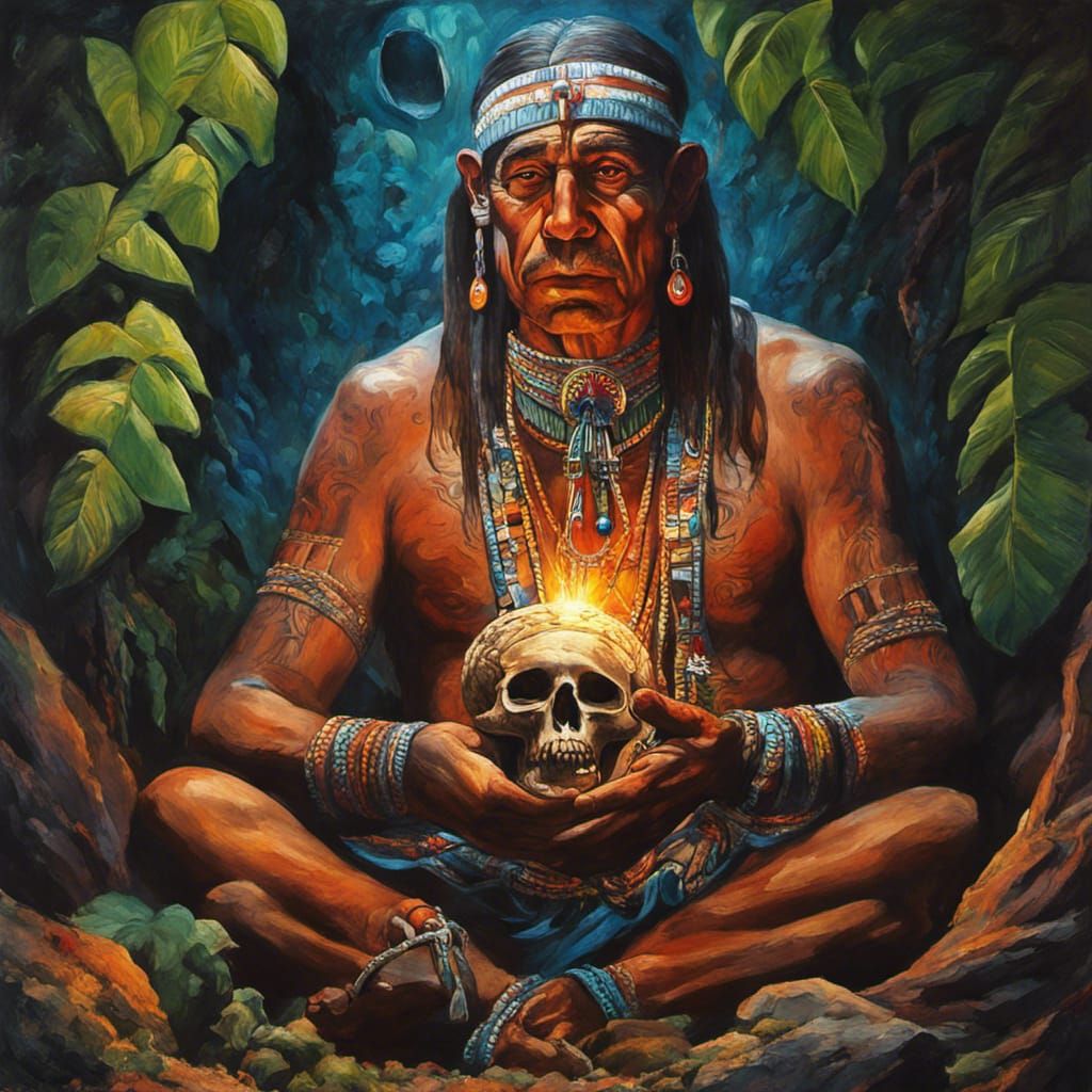 Aztec Priest Gem Skull Painting in Firelit Cave