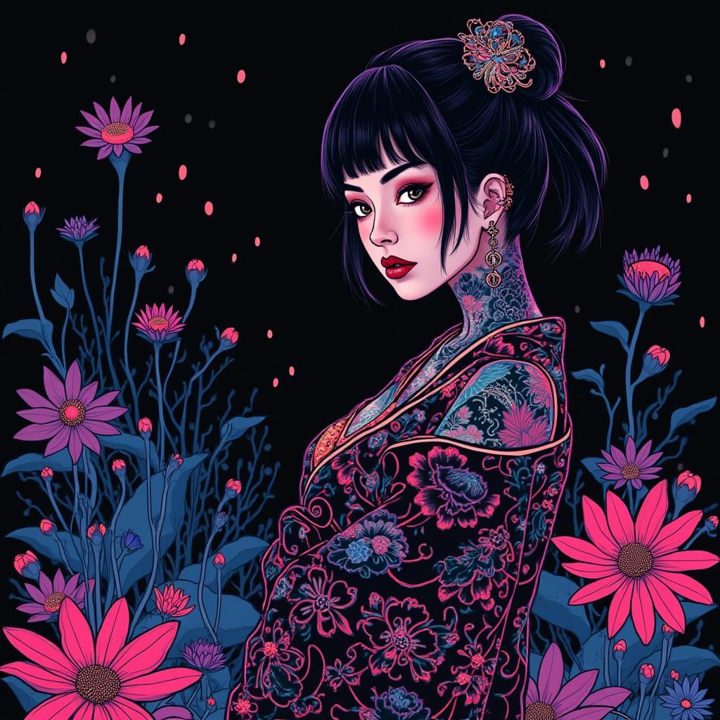 Japanese Woman in Bioluminescent Garden, Vector Art