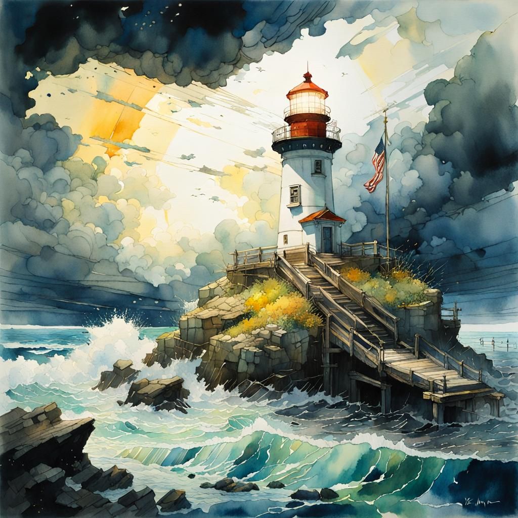 Lighthouse After Storm with God Rays