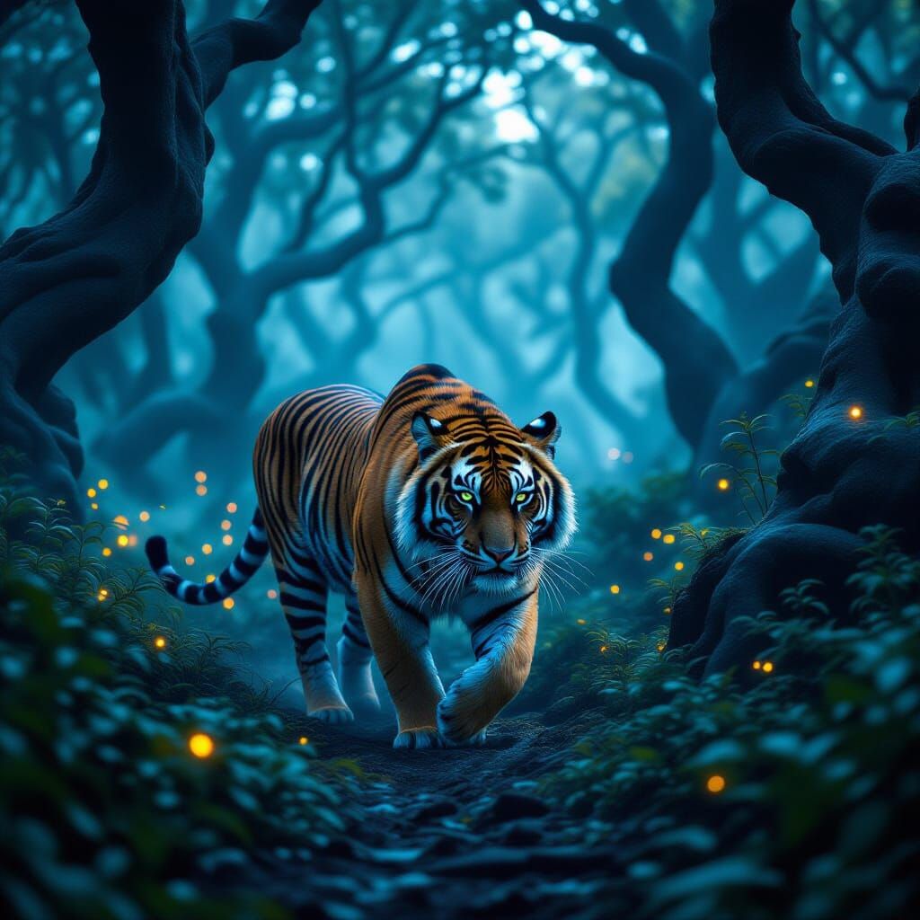 Iridescent Tiger in a Noir Forest