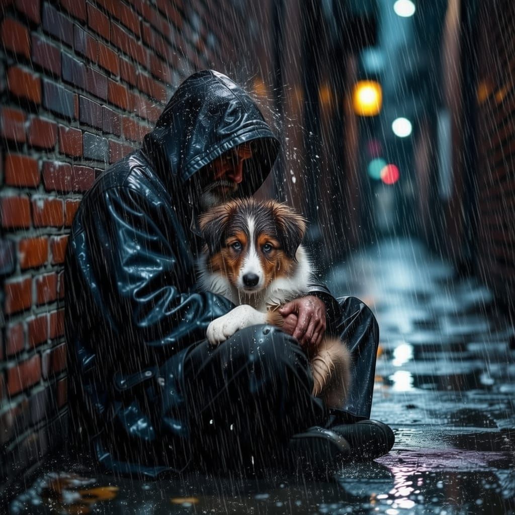 Somber Man and Puppy in Dark Rainy Alley